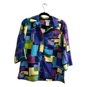 VTG 70s‎ National Womens 8P Collared Button Down Geometric Pattern Colorful
